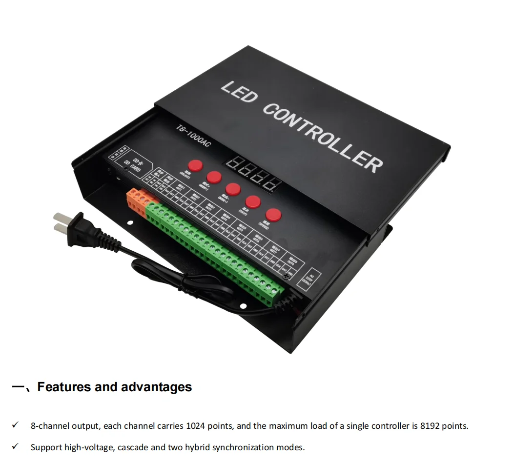 T8-1000AC Programmable Pixel LED Controller 8CH Digital Dimmer with SD Card for WS2812 SK6812 Addressable Neon Light
T8-1000AC Programmable Pixel LED Controller 8CH Digital Dimmer with SD Card for WS2812 SK6812 Addressable Neon Light