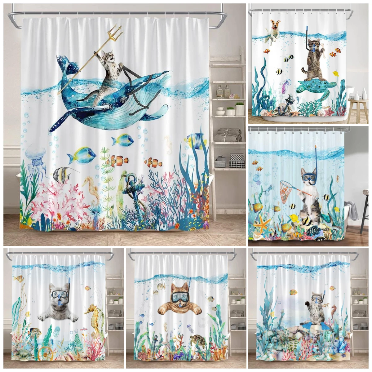 Funny Diving Cat Shower Curtain Whale Sea Turtle Seahorse Fish Coral Ocean Animals Underwater Scenery Children Bathroom Decor
Funny Diving Cat Shower Curtain Whale Sea Turtle Seahorse Fish Coral Ocean Animals Underwater Scenery Children Bathroom Decor