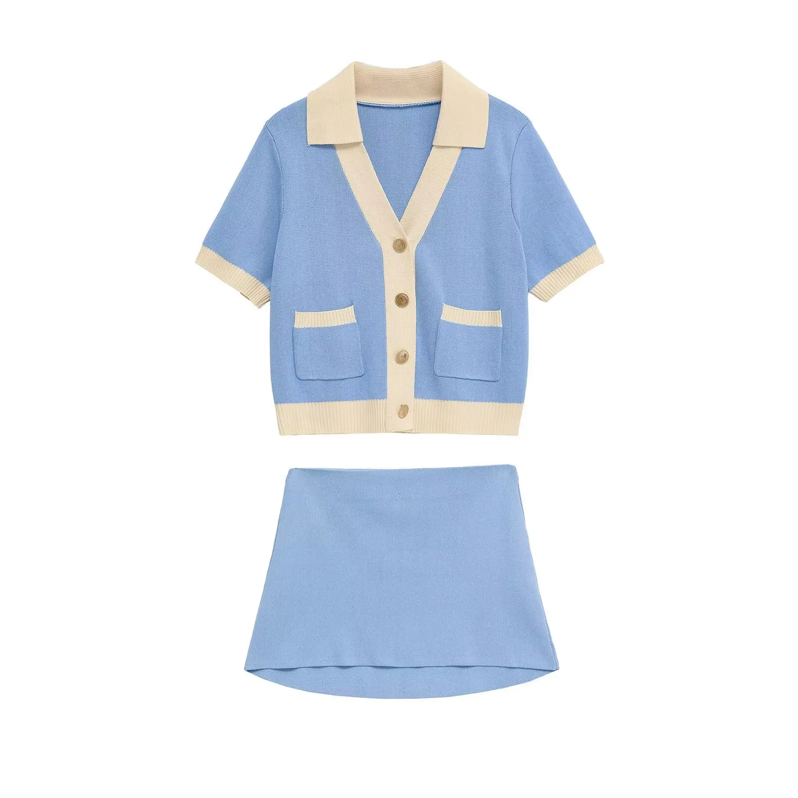 BM&MD&ZA Women's Contrast - colored Decorated Collared Short - sleeve Knit Cardigan and Simple Mini A - line Knit Skirt Set
BM&MD&ZA Women's Contrast - colored Decorated Collared Short - sleeve Knit Cardigan and Simple Mini A - line Knit Skirt Set