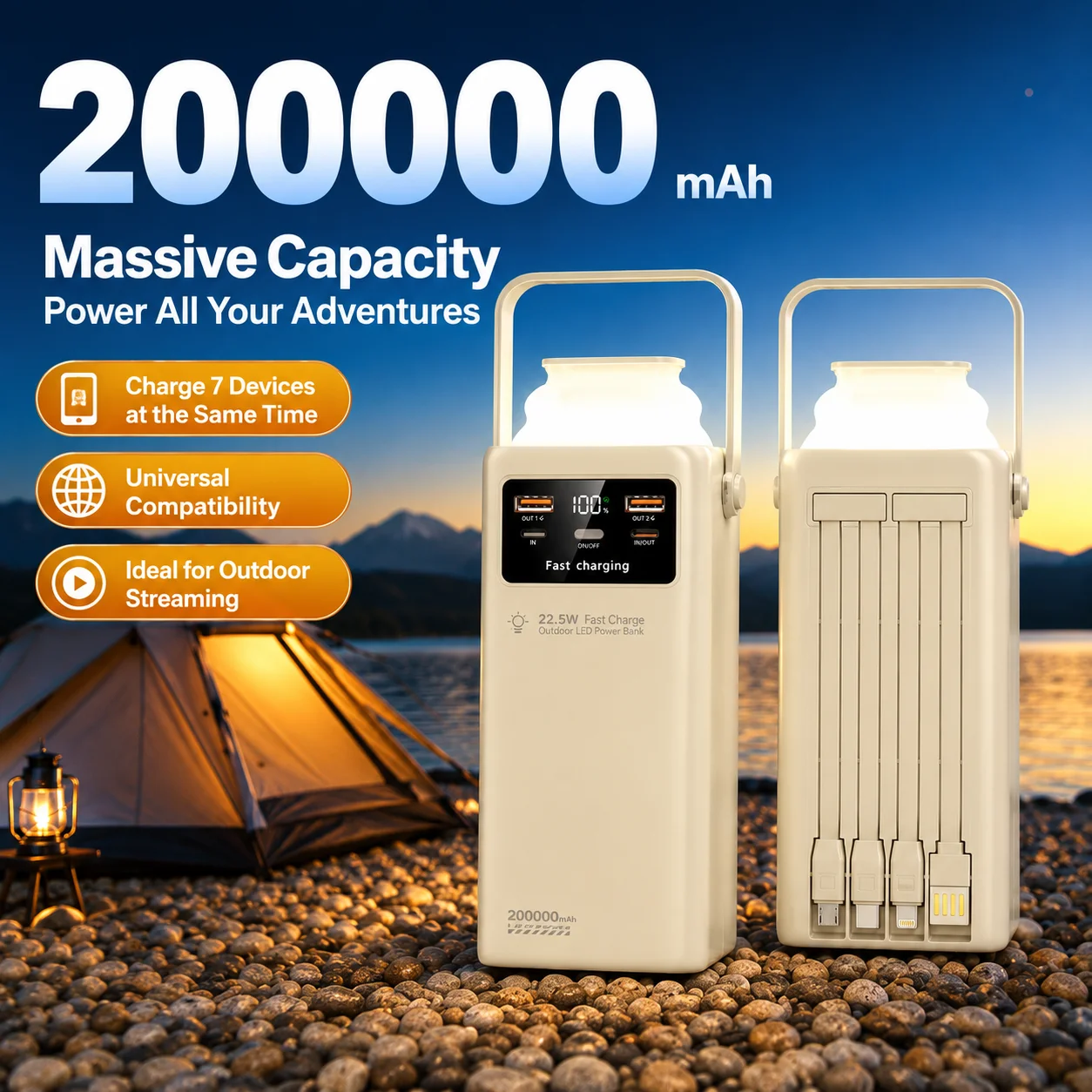 New 200000mAh Power Bank, Portable Outdoor Emergency Power Banks, Smartphone Backup Power with Built‑in Cable & Camping Light
New 200000mAh Power Bank, Portable Outdoor Emergency Power Banks, Smartphone Backup Power with Built‑in Cable & Camping Light