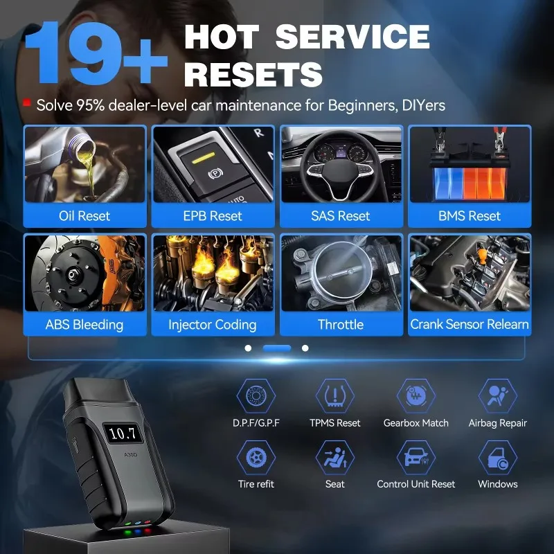 Диагностический сканер OBD2 A30D Bluetooth с бесплатными обновлениями ПО, 19 функций сброса, FCA Autoauth, CAN FD
Диагностический сканер OBD2 A30D Bluetooth с бесплатными обновлениями ПО, 19 функций сброса, FCA Autoauth, CAN FD