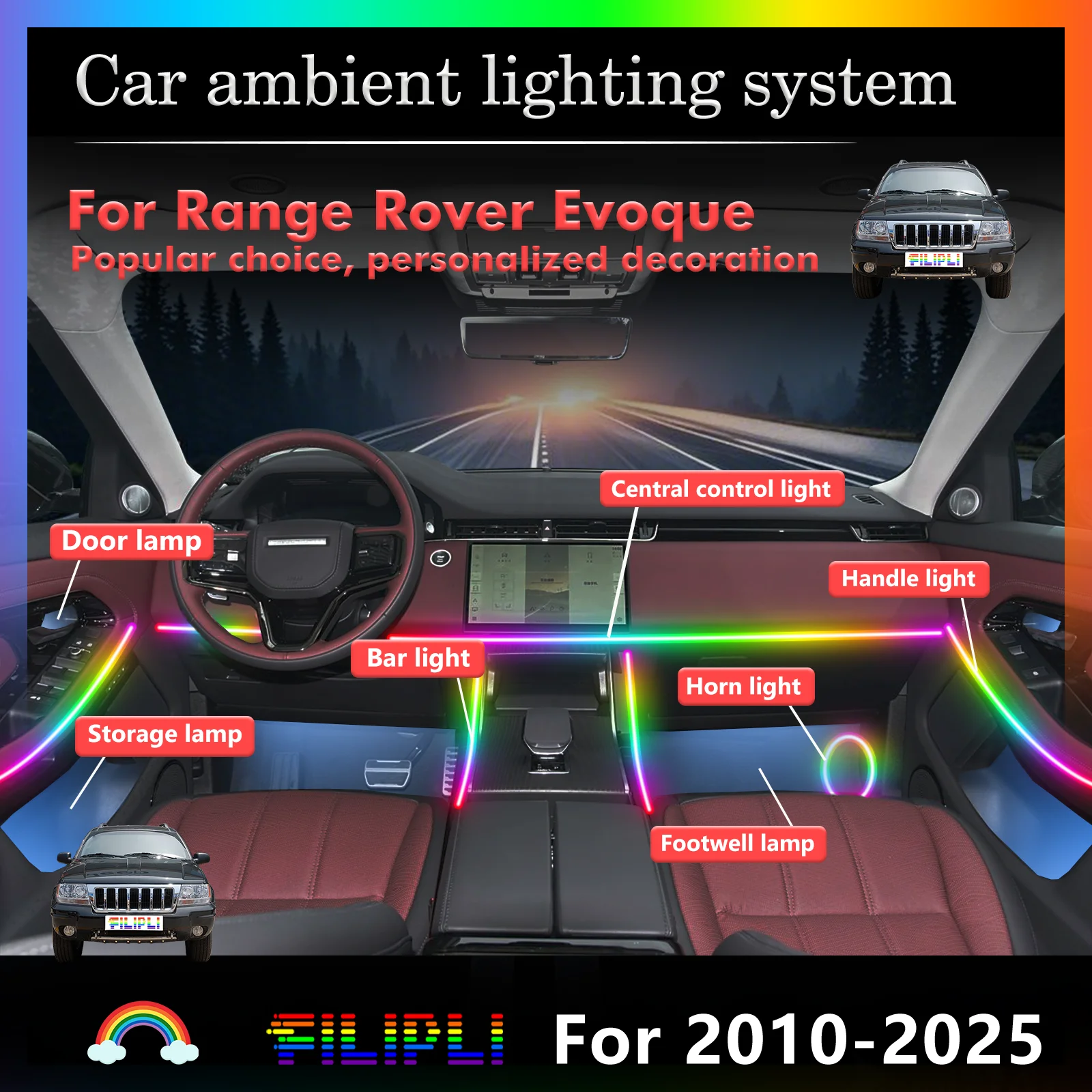 For Range Rover Evoque Smart Remote Control Car Interior Ambient Light RGB 64 Colors LED Energy Saving Efficient Lamp Kit
For Range Rover Evoque Smart Remote Control Car Interior Ambient Light RGB 64 Colors LED Energy Saving Efficient Lamp Kit