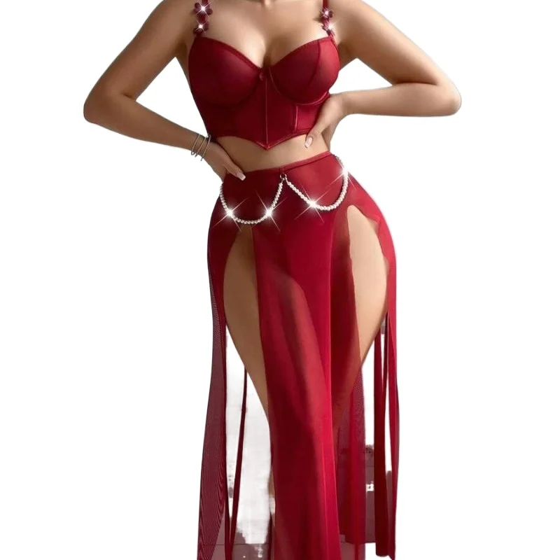 Sheer Mesh Bodysuit with Pearl Chain Accents Lingerie for Women Teasing Transparent Tulle Skirt & Chain Details Party Outfit
Sheer Mesh Bodysuit with Pearl Chain Accents Lingerie for Women Teasing Transparent Tulle Skirt & Chain Details Party Outfit