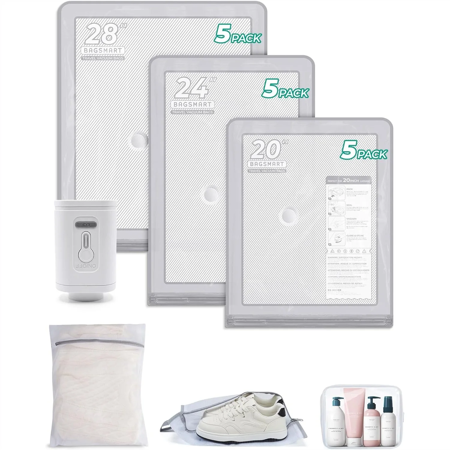 Vacuum Seal Storage Bags for Travel, 18 Pack with Electric Pump, Laundry Bag & Waterproof Shoe Bag
Vacuum Seal Storage Bags for Travel, 18 Pack with Electric Pump, Laundry Bag & Waterproof Shoe Bag