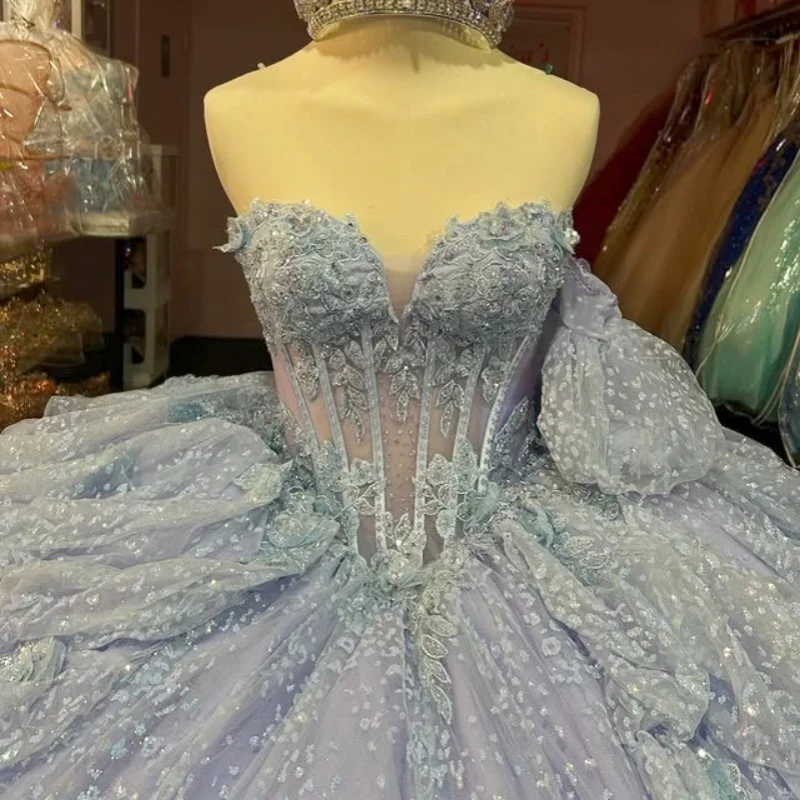 Shiny aqua blue Quinceanera Dress Lace layering off-shoulder Tull glitter decal Bow vestidos de 15 Quinceanera Customized
Shiny aqua blue Quinceanera Dress Lace layering off-shoulder Tull glitter decal Bow vestidos de 15 Quinceanera Customized