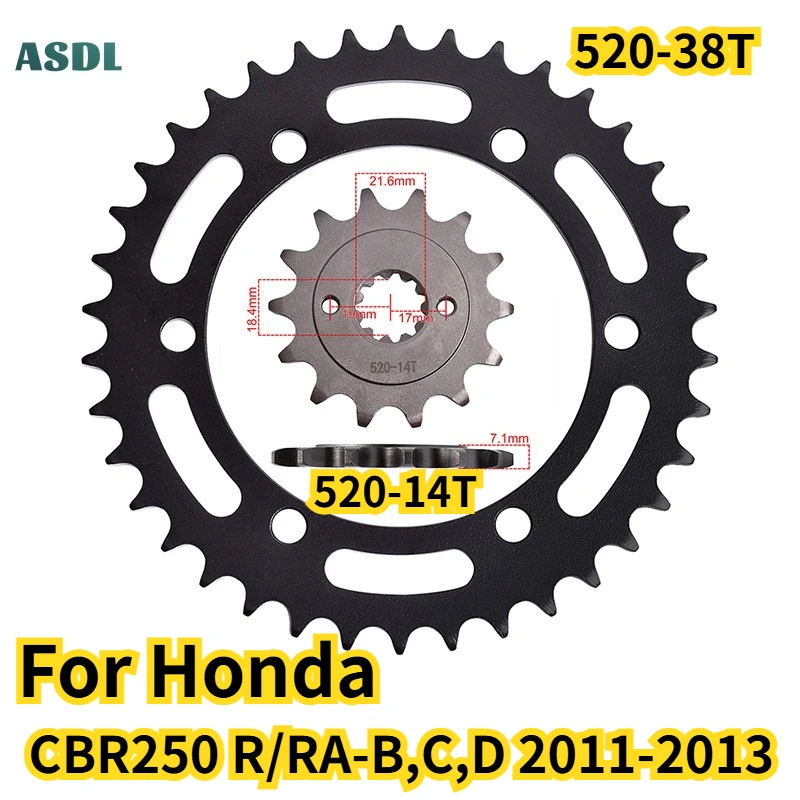 520 Chain 38T 14T Teeth Motorcycle Front & Rear Sprocket For Honda CBR250 R/RA-B C D 2011 2012 2013 CBR250R Motorcycle Parts
520 Chain 38T 14T Teeth Motorcycle Front & Rear Sprocket For Honda CBR250 R/RA-B C D 2011 2012 2013 CBR250R Motorcycle Parts