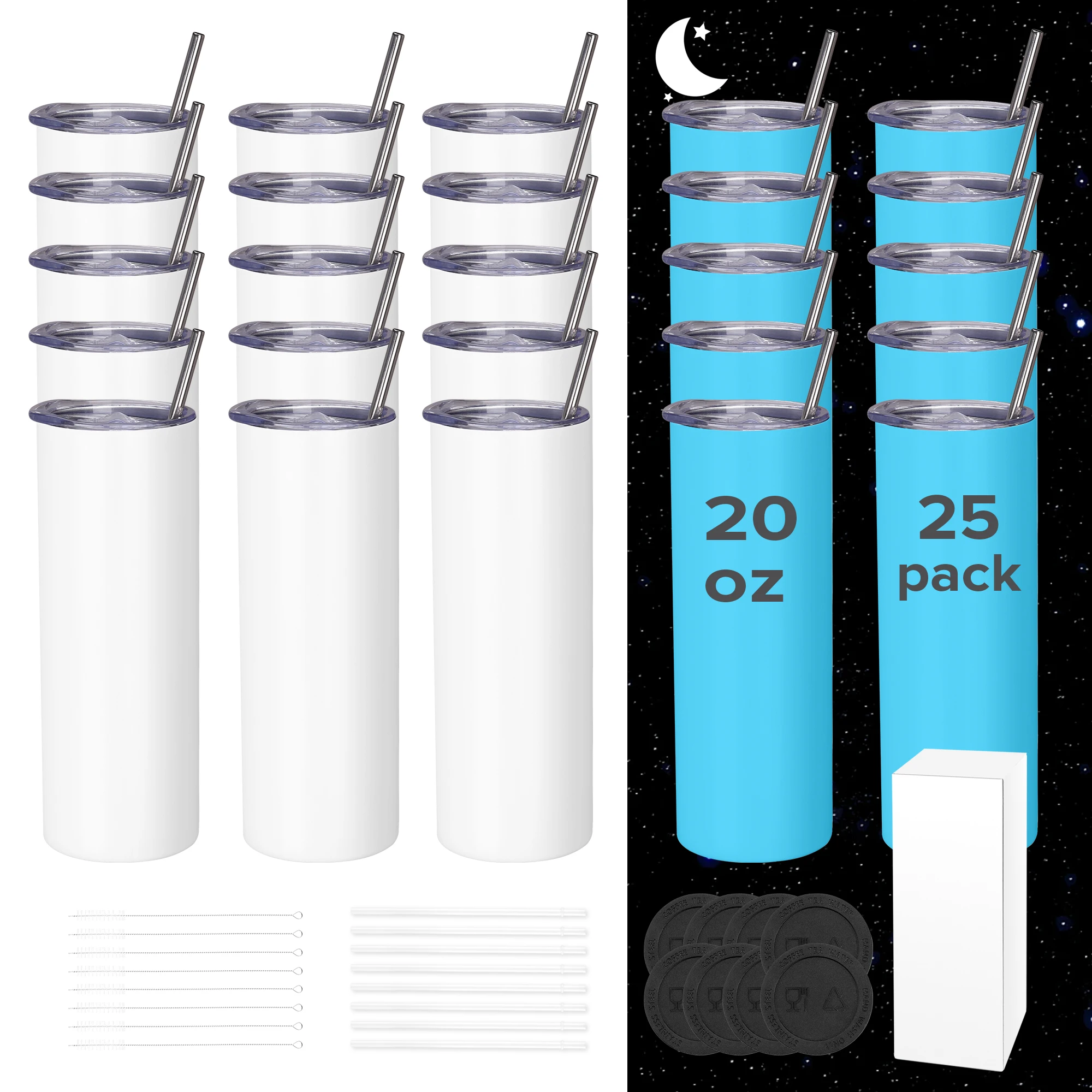 25 Pack20OZ Glow in The Dark Stainless Steel tumbler cup-White to Blue Color Shift, BPA Free sublimation blanks with Lid&Straw
25 Pack20OZ Glow in The Dark Stainless Steel tumbler cup-White to Blue Color Shift, BPA Free sublimation blanks with Lid&Straw