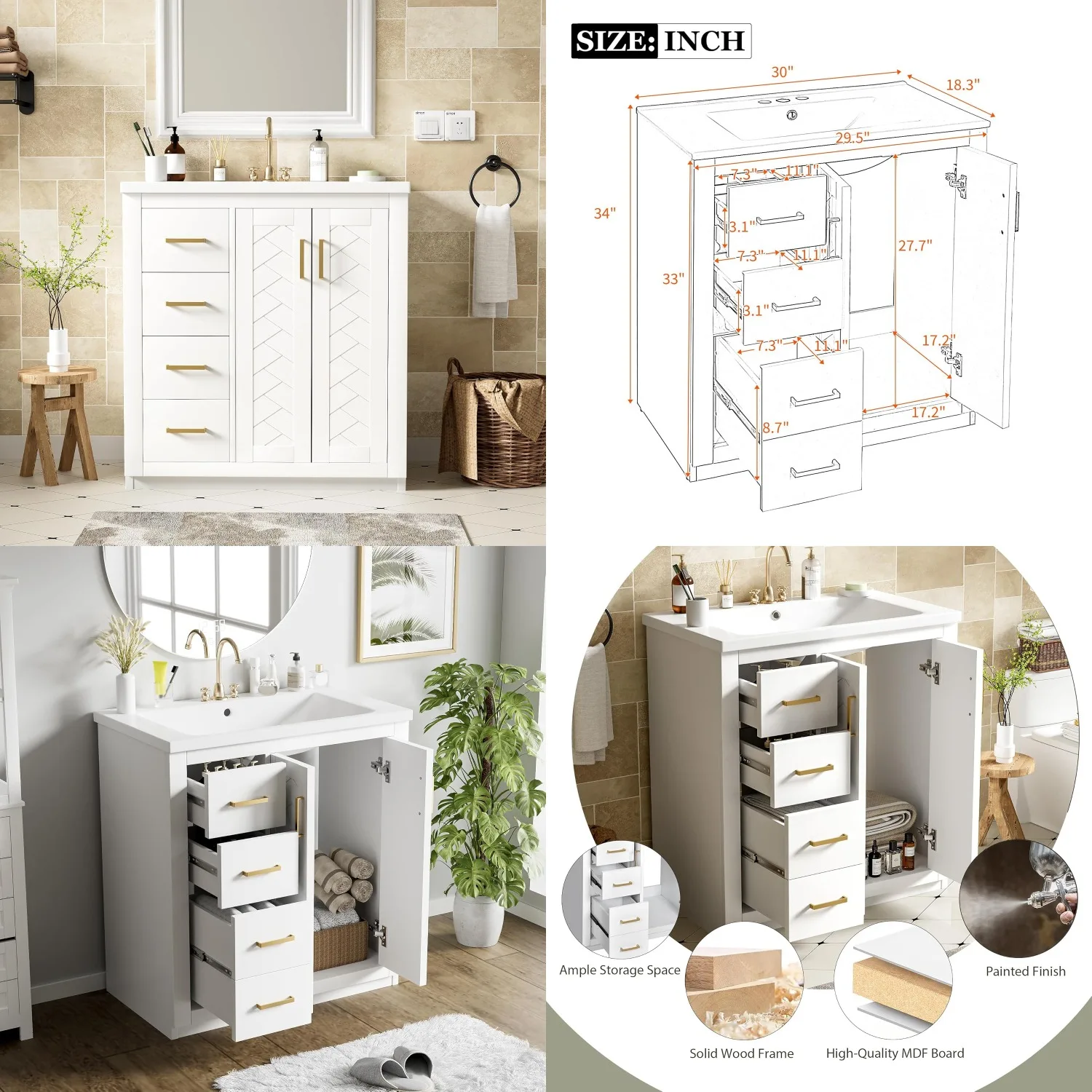30" Bathroom Vanity Ceramic Sink Modern Storage Cabinet 3 Drawers 2 Doors Freestanding Soft Closing Solid Wood Frame, Customized
30" Bathroom Vanity Ceramic Sink Modern Storage Cabinet 3 Drawers 2 Doors Freestanding Soft Closing Solid Wood Frame, Customized