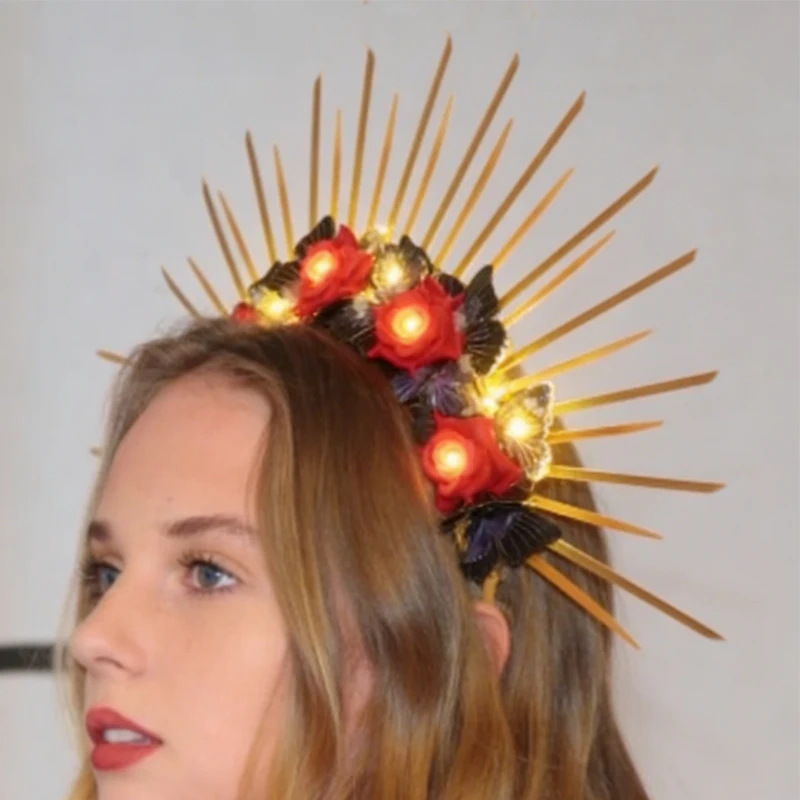 LED Light Up Rose Halo Headband, Gold Sunburst Spiked Headpiece, Glowing Butterfly Decor for Halloween Cosplay & Gothic Wedding
LED Light Up Rose Halo Headband, Gold Sunburst Spiked Headpiece, Glowing Butterfly Decor for Halloween Cosplay & Gothic Wedding