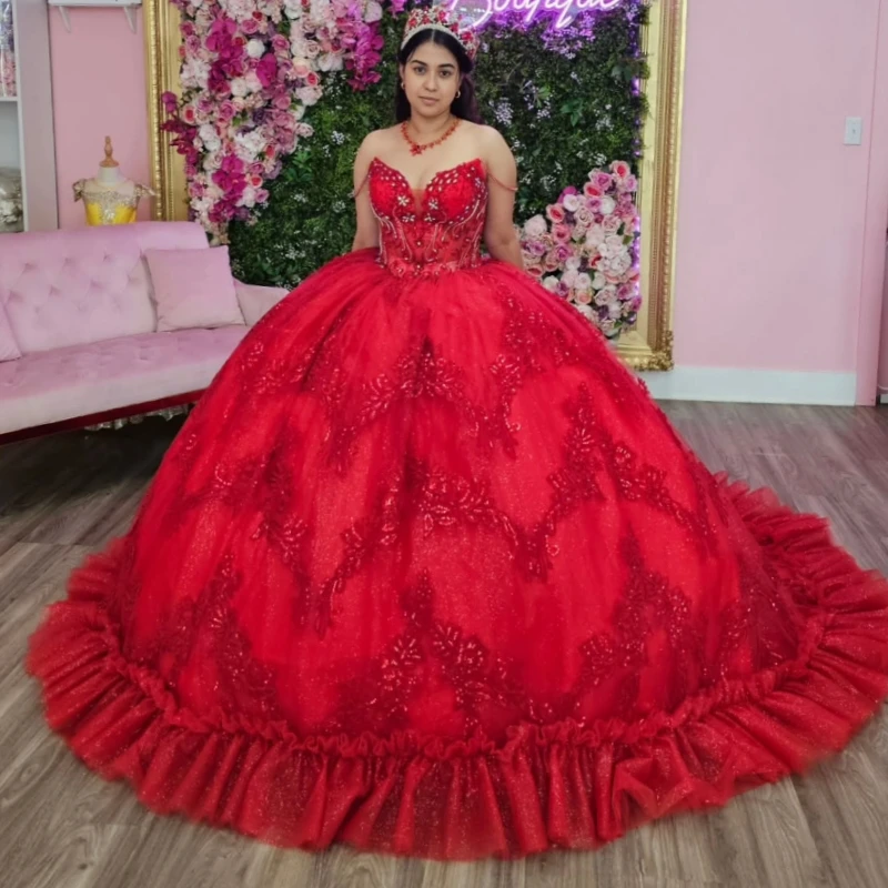 Red Quinceanera Dresses Off Shoulder Ball Gown Sweet 16 Dress Applique Beads Tull Birthday Party Vestidos 15 De Anos
Red Quinceanera Dresses Off Shoulder Ball Gown Sweet 16 Dress Applique Beads Tull Birthday Party Vestidos 15 De Anos