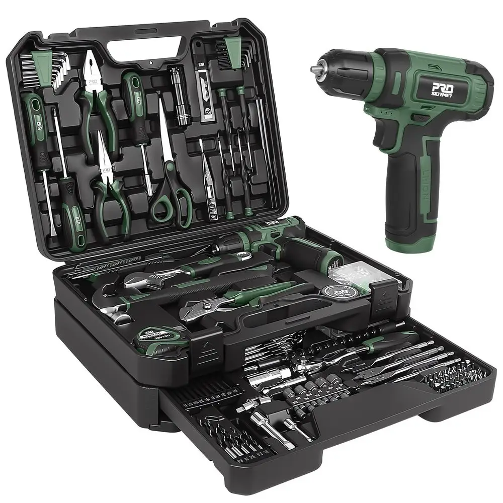 Tool Set with 8V Cordless Drill, 369Piece Home Tool Kit with Drill Driver, Toolbox Storage Case with Drawer, General Household
Tool Set with 8V Cordless Drill, 369Piece Home Tool Kit with Drill Driver, Toolbox Storage Case with Drawer, General Household