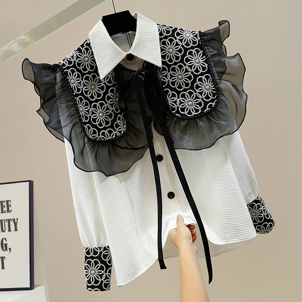 Women Blouse Long Sleeve Causal Korean Sweet Top Shirt + Ruffle Lace Up Jacquard Shawl Autumn 2022 New Two Pieces
Women Blouse Long Sleeve Causal Korean Sweet Top Shirt + Ruffle Lace Up Jacquard Shawl Autumn 2022 New Two Pieces