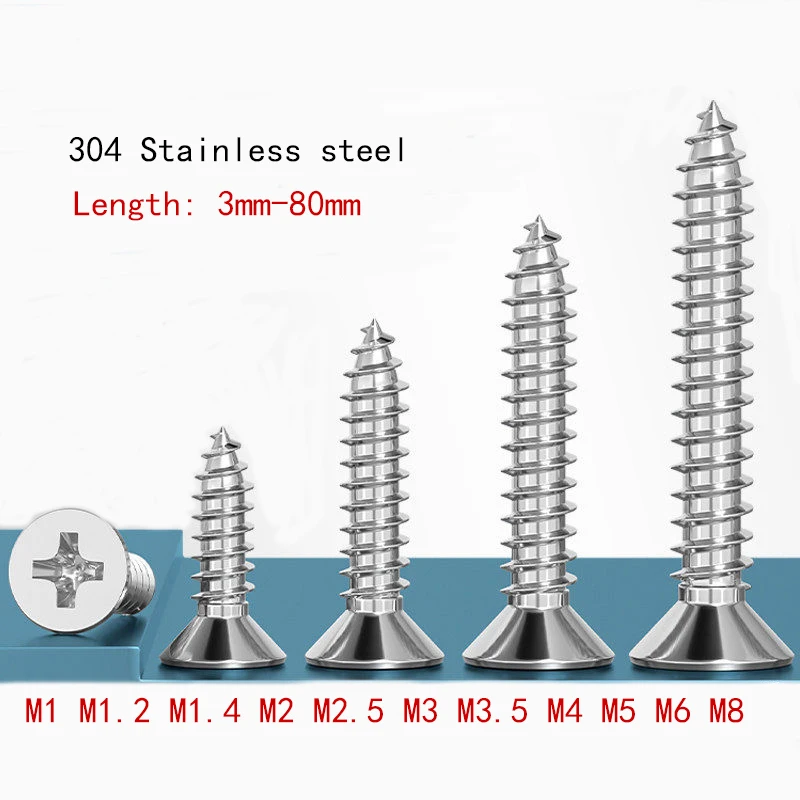 304 Stainless Steel Cross Countersunk Self tapping Flat Head Screw, Extended Board Furniture Screw M1 M2 M2.5 M3 M3.5M4 M5 M6 M8
304 Stainless Steel Cross Countersunk Self tapping Flat Head Screw, Extended Board Furniture Screw M1 M2 M2.5 M3 M3.5M4 M5 M6 M8