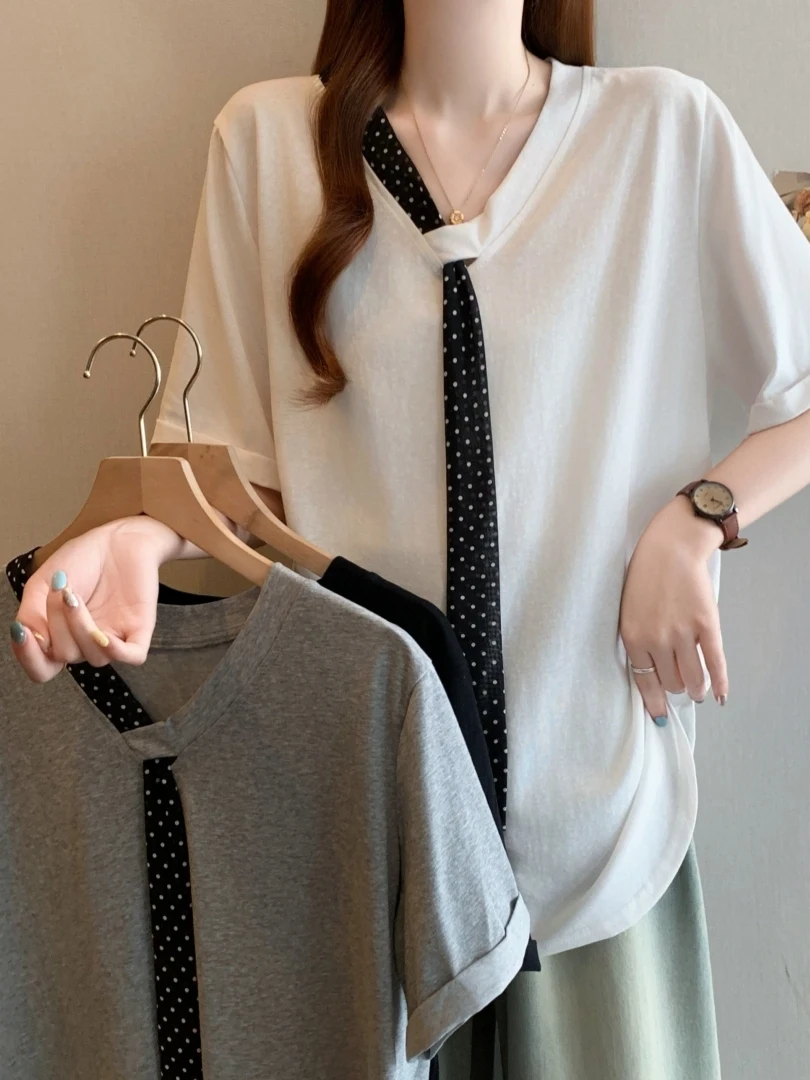 Summer 2026 Polka Dot Sash V Neck Short Sleeve Loose Versatile Commute Ageless Top Women's Casual Style Polyester Fiber T-Shirt
Summer 2026 Polka Dot Sash V Neck Short Sleeve Loose Versatile Commute Ageless Top Women's Casual Style Polyester Fiber T-Shirt
