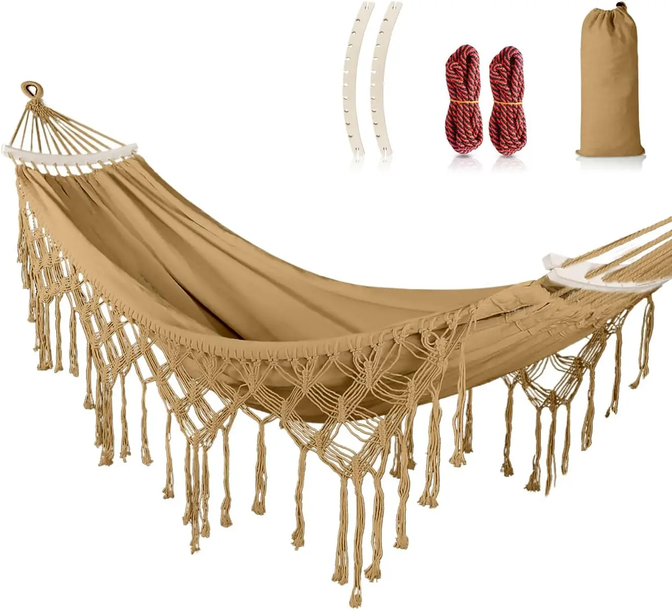 Bohemian Canvas Hammock with Tassels, Max 500lbs, Thickened Rope & Carry Bag for Outdoor Garden Patio Wedding Decor (Khaki)
Bohemian Canvas Hammock with Tassels, Max 500lbs, Thickened Rope & Carry Bag for Outdoor Garden Patio Wedding Decor (Khaki)