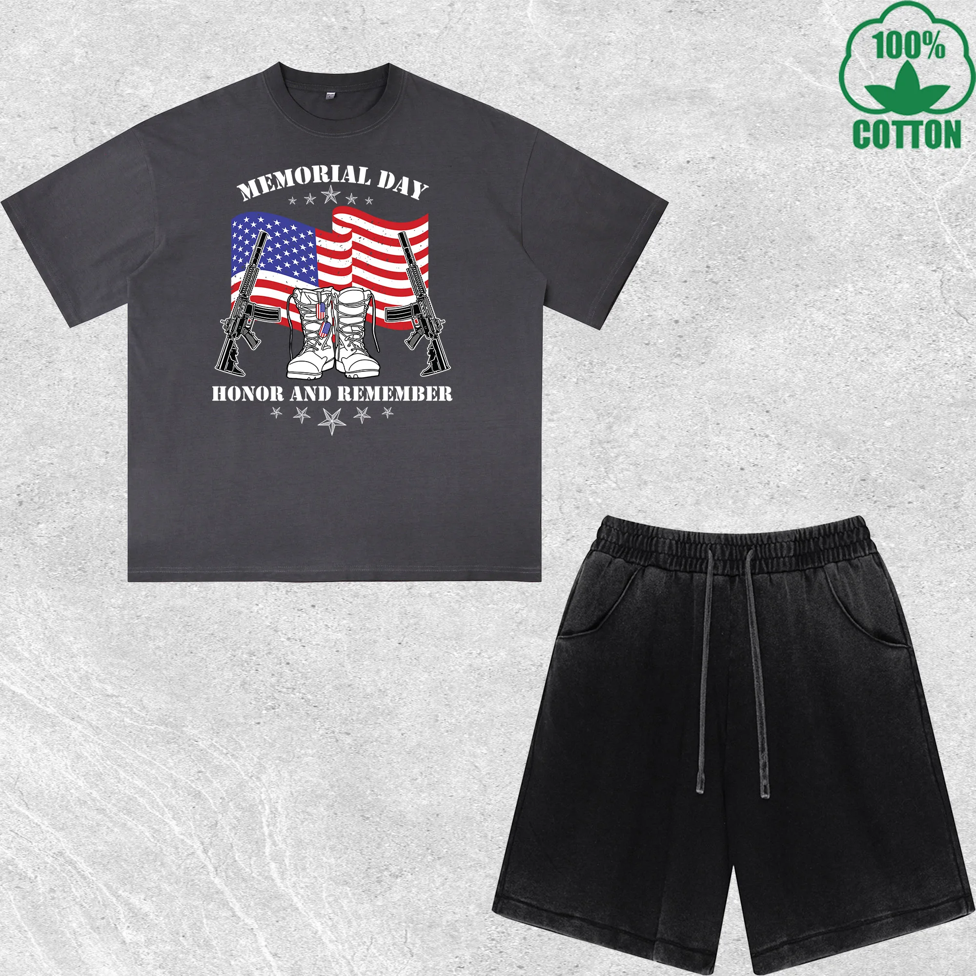 Memorial Day Printed Dirty Wash T-Shirt Shorts Set Combo Loose Trendy Fashionable 100%Cotton Black Suit
Memorial Day Printed Dirty Wash T-Shirt Shorts Set Combo Loose Trendy Fashionable 100%Cotton Black Suit