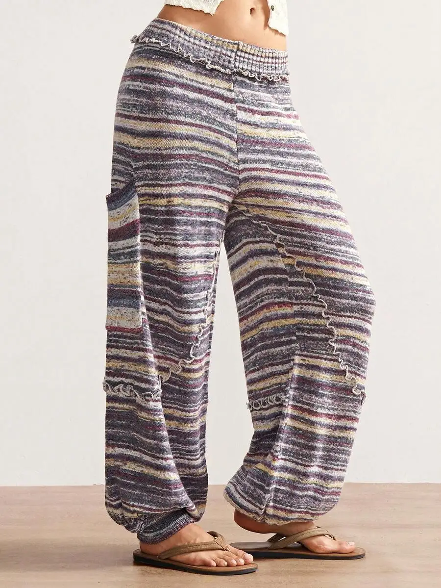 Women Elastic Waist Ruffle Trim Striped Knit Boho Loose Pants
Women Elastic Waist Ruffle Trim Striped Knit Boho Loose Pants