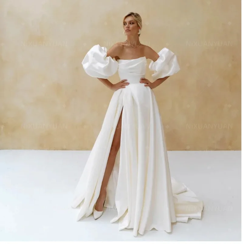 Elegant Satin Wedding Dress Short Puff Sleeves 2023 Simple Plain White Bridal Gown A-Line Side Slit Sweep Train Vestido De Novia
Elegant Satin Wedding Dress Short Puff Sleeves 2023 Simple Plain White Bridal Gown A-Line Side Slit Sweep Train Vestido De Novia