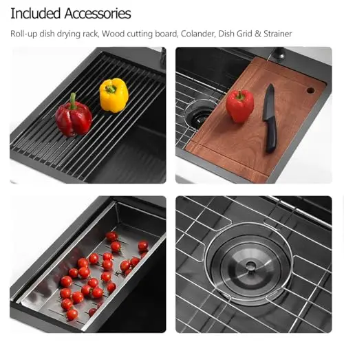 33 Inch Black Nano Stainless Steel Single Bowl Drop-In Kitchen Sink With Integrated Drying Rack, Cutting Board, Colander And
33 Inch Black Nano Stainless Steel Single Bowl Drop-In Kitchen Sink With Integrated Drying Rack, Cutting Board, Colander And