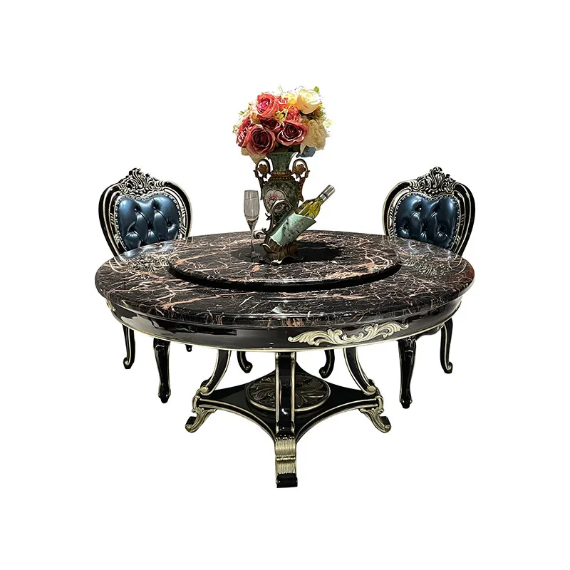 French marble dining table and chair combination, European luxury restaurant solid wood 6-person round table with turntable
French marble dining table and chair combination, European luxury restaurant solid wood 6-person round table with turntable