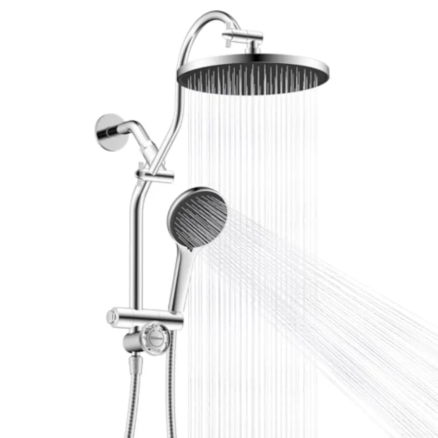 Self-cleaning shower head combo for bathroom use, chrome-finished metal construction, high-pressure 10-inch rain showerhead wit
Self-cleaning shower head combo for bathroom use, chrome-finished metal construction, high-pressure 10-inch rain showerhead wit