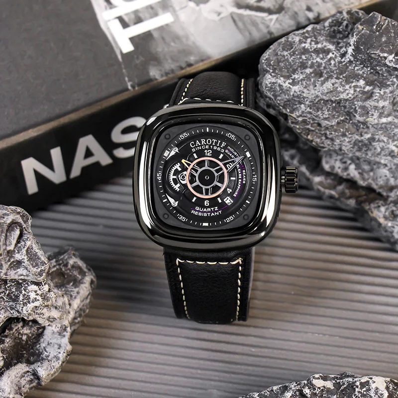 A men's black leather belt sports casual square large dial compass calendar quartz watch
A men's black leather belt sports casual square large dial compass calendar quartz watch