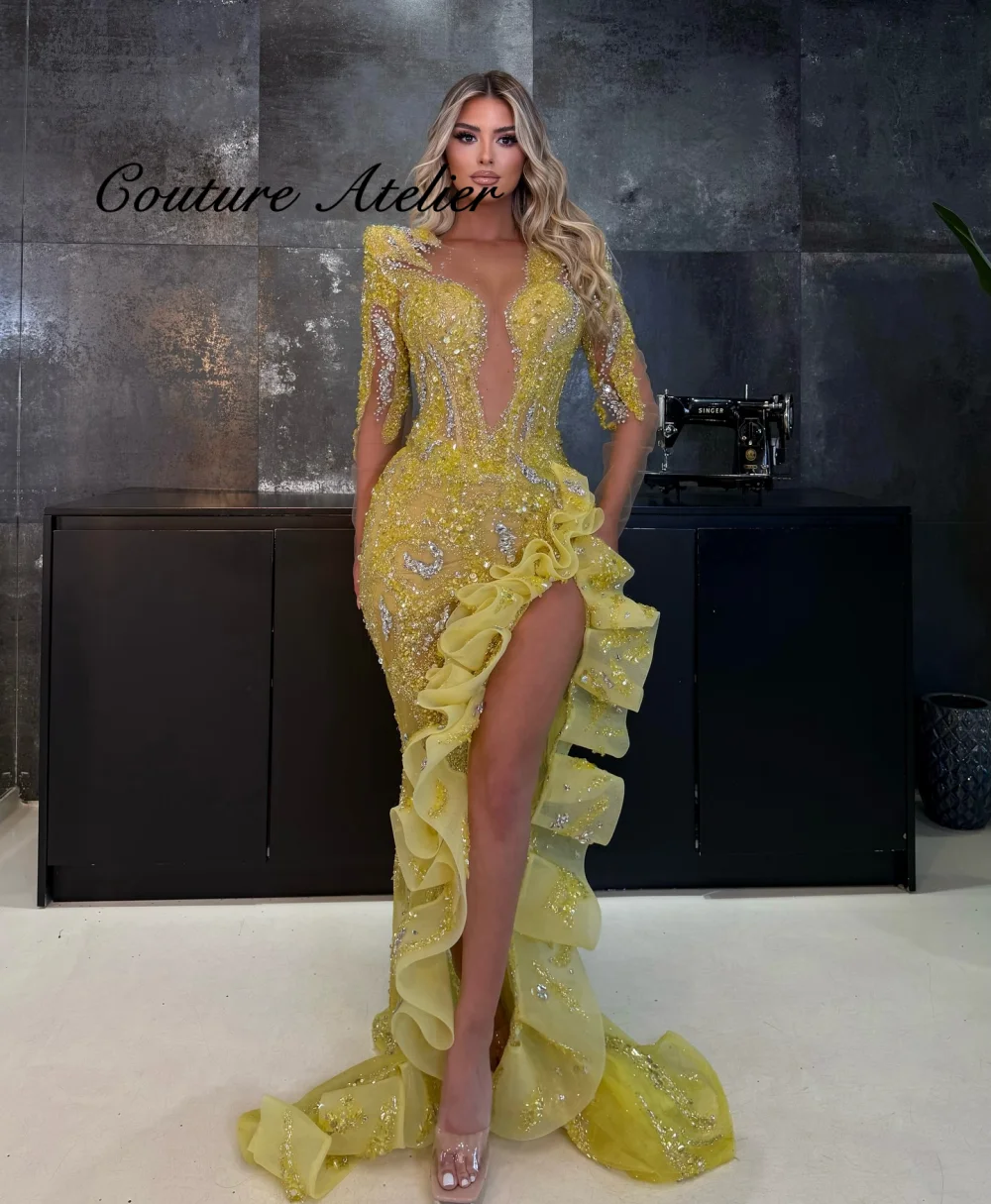 Yellow Beaded High Split Long Sleeve Mermaid Evening Dress Arabic Crystal Sequins Dubai Slit Wedding Party Gowns Customized
Yellow Beaded High Split Long Sleeve Mermaid Evening Dress Arabic Crystal Sequins Dubai Slit Wedding Party Gowns Customized