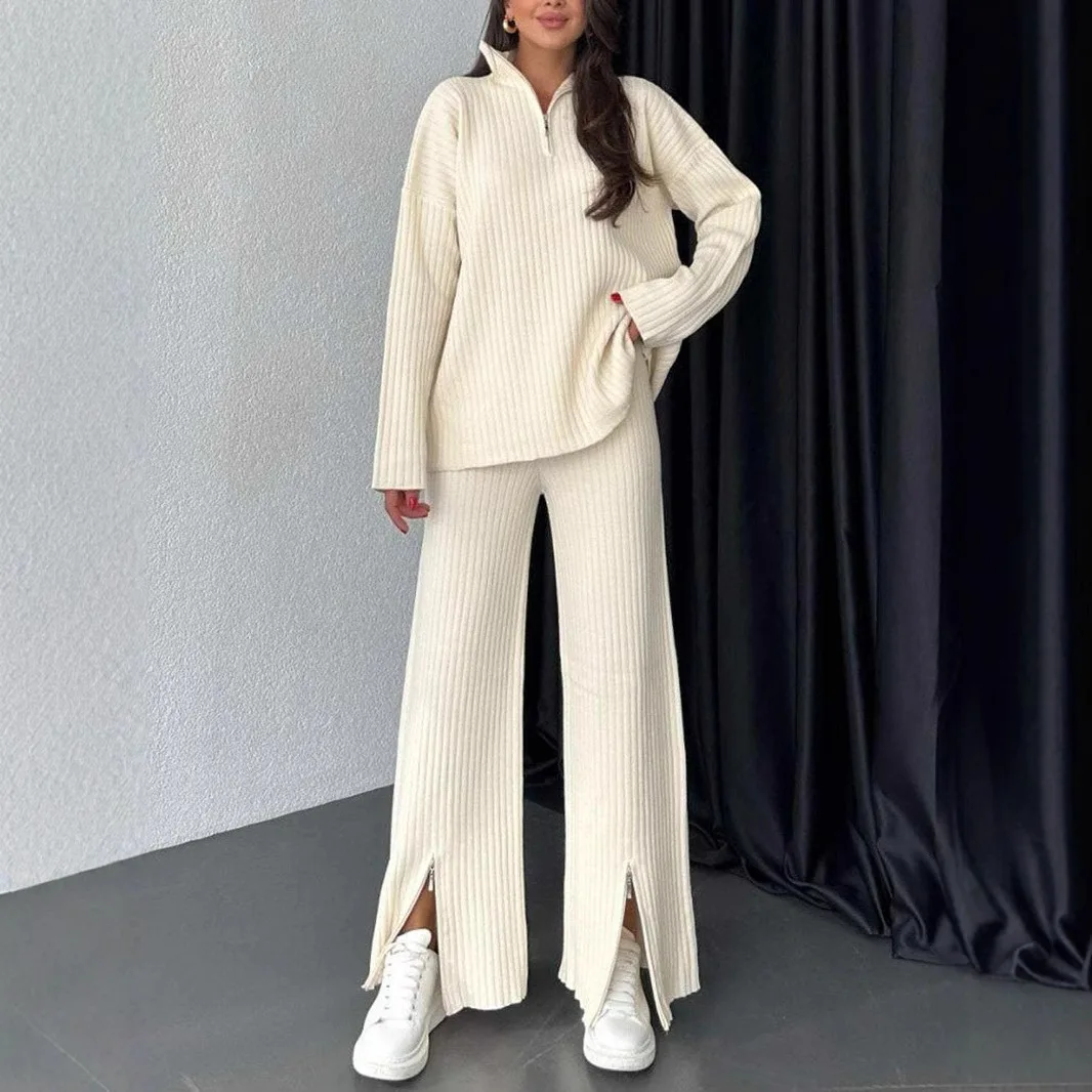 Fashion Temperament Pantsuit Women'S Two Pieces Sets Knit Half Lapel Tops Wide Leg Slit Loose Pants Winter Outfits For Women Hot
Fashion Temperament Pantsuit Women'S Two Pieces Sets Knit Half Lapel Tops Wide Leg Slit Loose Pants Winter Outfits For Women Hot
