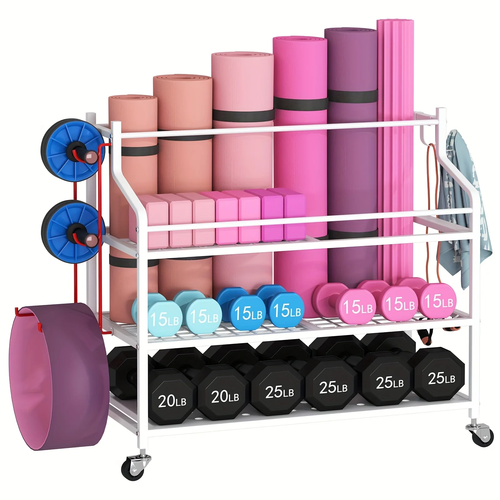 Versatile Sports Gear Organizer Featuring Hooks And Wheels, Designed for Yoga Mat Storage. This Cart Serves As a Multifunctional Rack for Dumbbells, Kettlebells, And Ropes, Offering Ample Space for Home Gym Equipment
Versatile Sports Gear Organizer Featuring Hooks And Wheels, Designed for Yoga Mat Storage. This Cart Serves As a Multifunctional Rack for Dumbbells, Kettlebells, And Ropes, Offering Ample Space for Home Gym Equipment