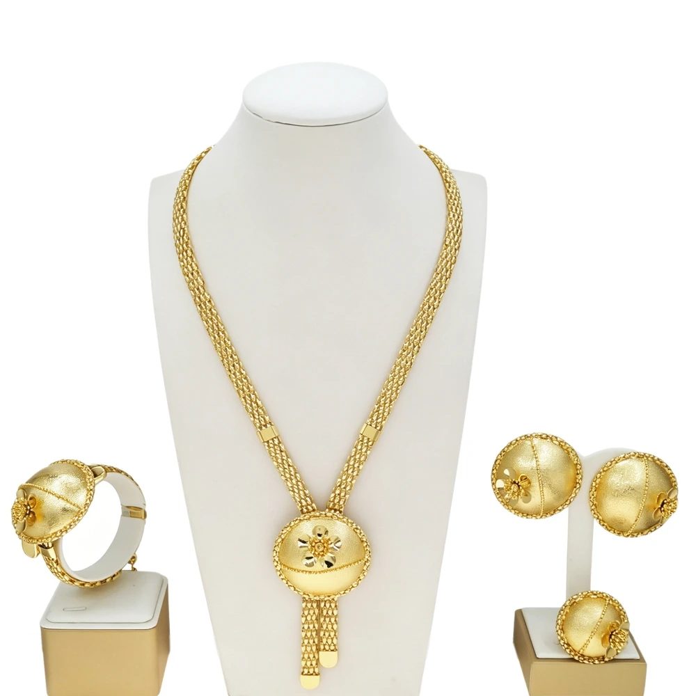 4Pcs Brazil Gold Plated Flower Ball Jewelry Set Braided Mesh Chain Y Drop Lariat Necklace Bracelet Ring Stud Earrings For Women
4Pcs Brazil Gold Plated Flower Ball Jewelry Set Braided Mesh Chain Y Drop Lariat Necklace Bracelet Ring Stud Earrings For Women
