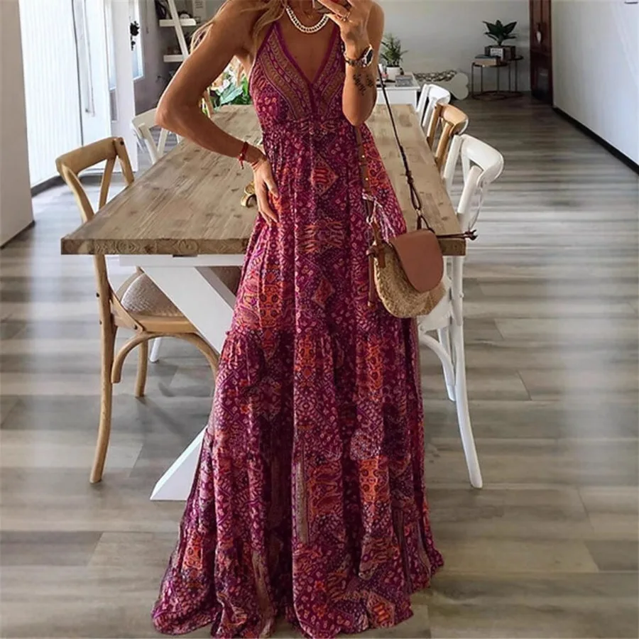 【New style】New Bohemian style suspender long dress high-waist V-neck printed floral summer dress women's dress
【New style】New Bohemian style suspender long dress high-waist V-neck printed floral summer dress women's dress