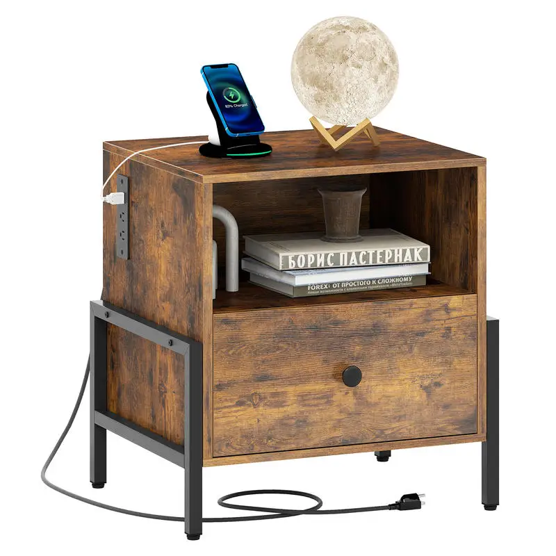 Nightstand with Charging Station and Drawer Sofa Side Table-Rustic Brown
Nightstand with Charging Station and Drawer Sofa Side Table-Rustic Brown