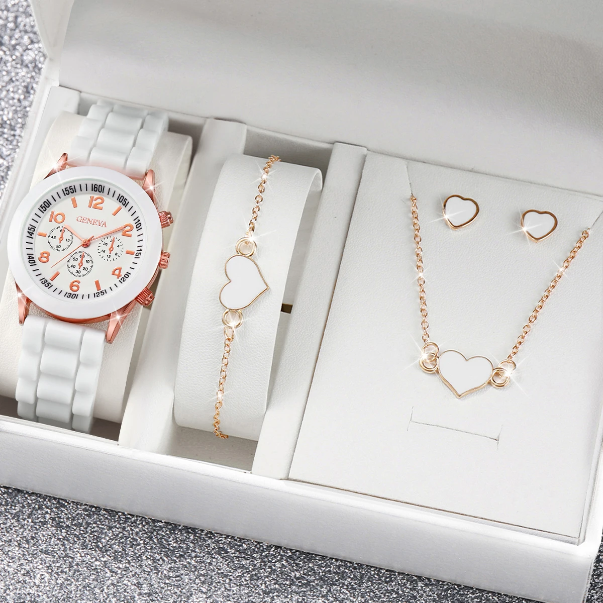 Hot Sale 4Pcs Geneva Women Quartz Watch Silicone Strap Heart Shape Jewelry Set No Box Included
Hot Sale 4Pcs Geneva Women Quartz Watch Silicone Strap Heart Shape Jewelry Set No Box Included