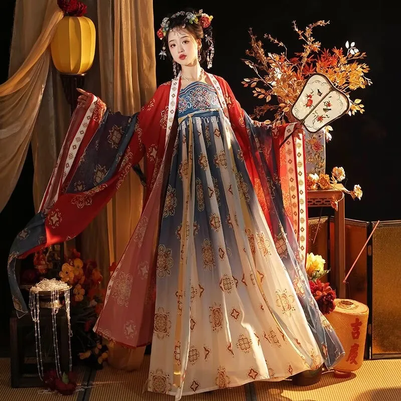 Women's Tang printed Hanfu red, blue and yellow ancient party performance costumes
Women's Tang printed Hanfu red, blue and yellow ancient party performance costumes