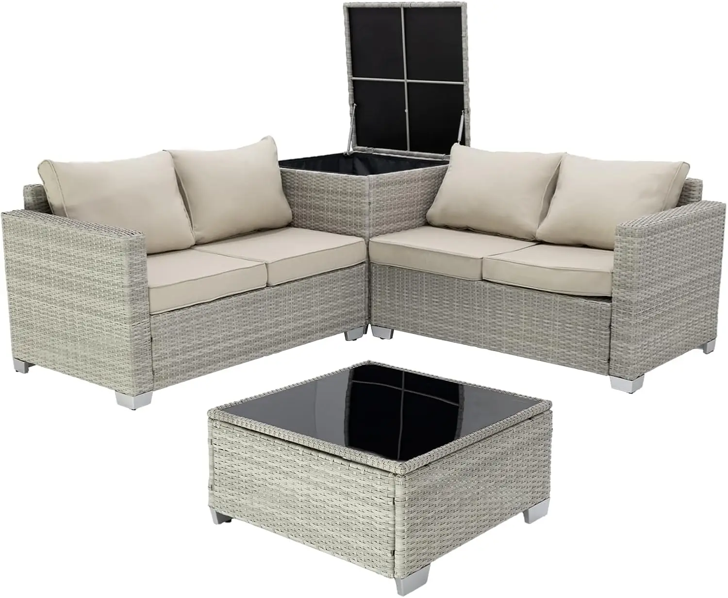 4 Pieces Patio Furniture Set Outdoor Furniture, Patio Sectional Furniture Set with Large Storage Box and Glass Table for Garden,
4 Pieces Patio Furniture Set Outdoor Furniture, Patio Sectional Furniture Set with Large Storage Box and Glass Table for Garden,