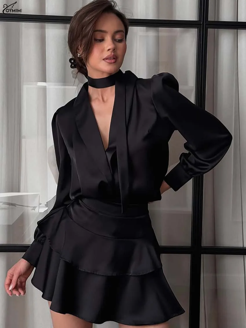 Oymimi Casual Black Two Piece Set Woman Fashion V-Neck Long Sleeve Lace-Up Shirts And High Waisted Ruffled Mini Skirts Sets
Oymimi Casual Black Two Piece Set Woman Fashion V-Neck Long Sleeve Lace-Up Shirts And High Waisted Ruffled Mini Skirts Sets