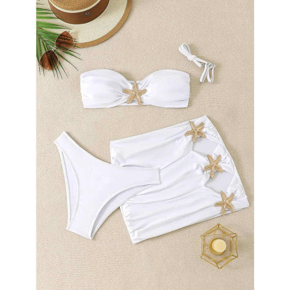 New White 3 Pieces Starfish Bandeau Bikini Set Swimsuit Women Swimwear with Sarong Skirts Dress Beach Wear Cut Out Bathing Suit
New White 3 Pieces Starfish Bandeau Bikini Set Swimsuit Women Swimwear with Sarong Skirts Dress Beach Wear Cut Out Bathing Suit