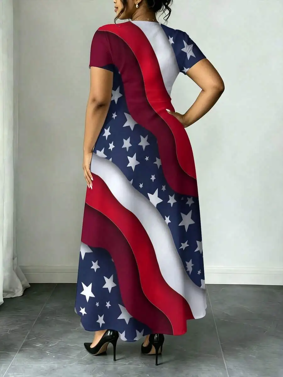Plus Size Women Lightweight Round Neck Short Sleeve American Flag Print A-Line Maxi Dress
Plus Size Women Lightweight Round Neck Short Sleeve American Flag Print A-Line Maxi Dress
