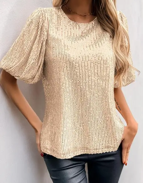 Retro Style Party Top Flare Sleeves Round Neck Sequin T-Shirt for Women 2025 New Summer Daily Clothes Women's Fashion Top
Retro Style Party Top Flare Sleeves Round Neck Sequin T-Shirt for Women 2025 New Summer Daily Clothes Women's Fashion Top