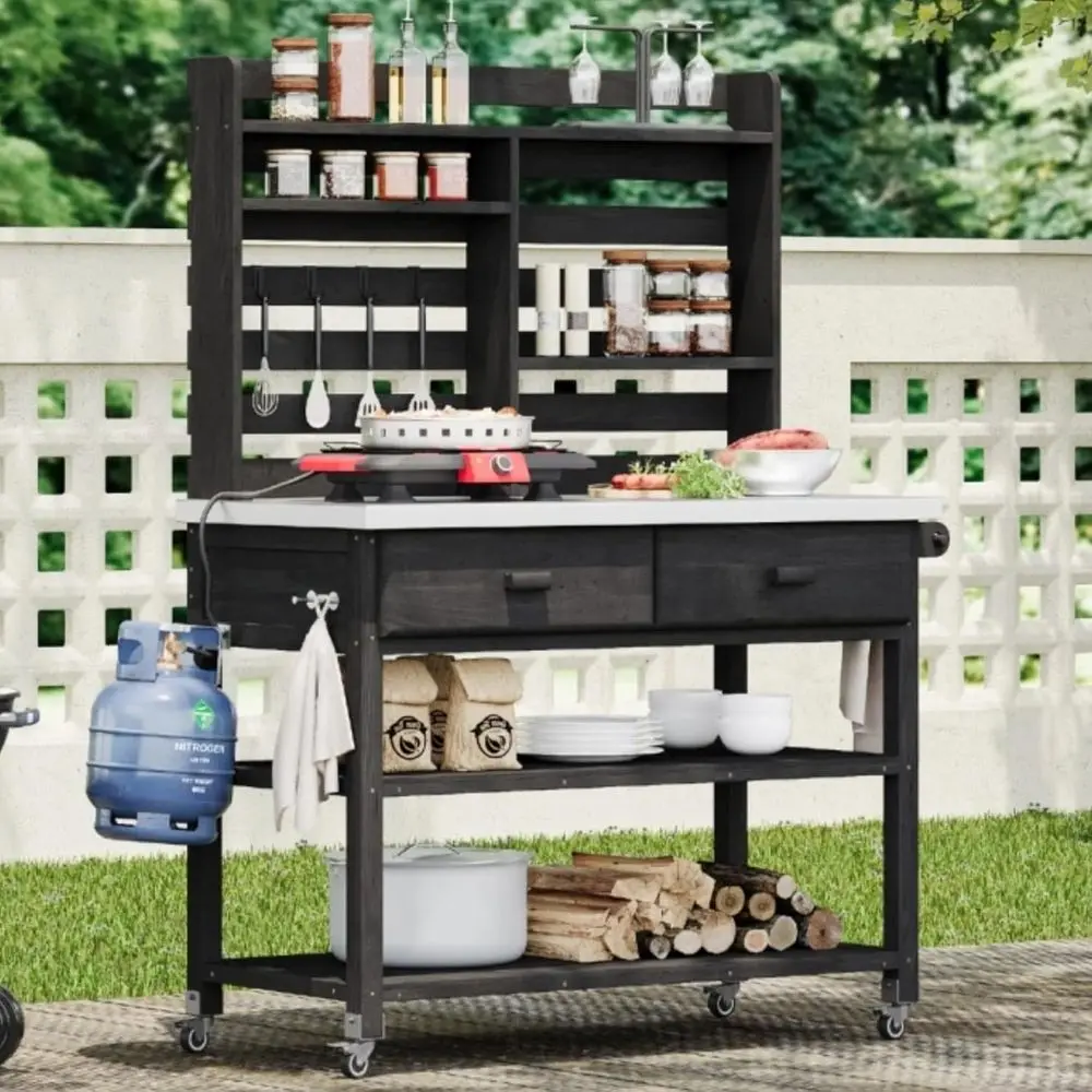 Stainless Steel Outdoor Potting Bench with Lockable Wheels, Solid Wood Garden Workstation, Storage, and Towel Rack for Grilling
Stainless Steel Outdoor Potting Bench with Lockable Wheels, Solid Wood Garden Workstation, Storage, and Towel Rack for Grilling
