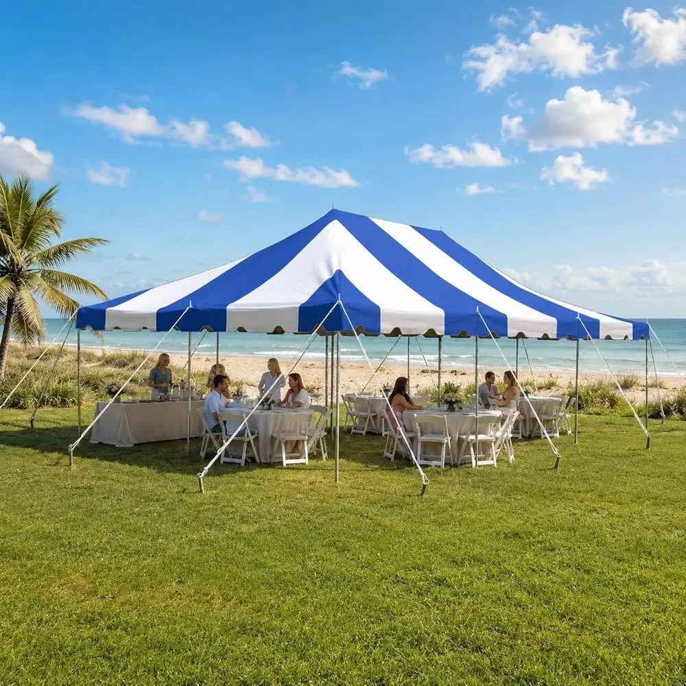 20 x 30 Pole Tent, Weekender with Heavy Duty PVC Blue and White Striped Top, Easy Up Outdoor Party Tent Gazebo or Weddings Event
20 x 30 Pole Tent, Weekender with Heavy Duty PVC Blue and White Striped Top, Easy Up Outdoor Party Tent Gazebo or Weddings Event