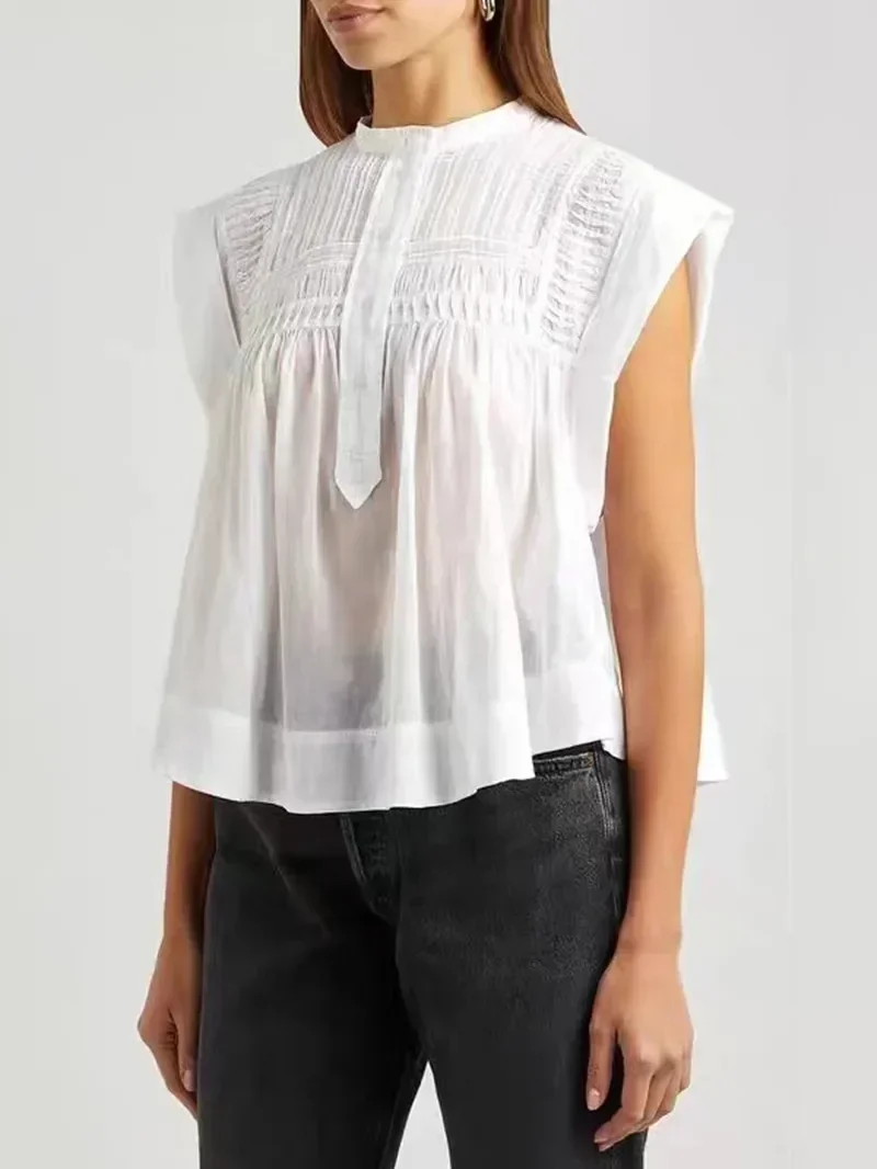 Pink or White Cotton Shirt Women Pleated Sleeveless O-neck Summer 2023 Loose Front Buttons Female Blouse
Pink or White Cotton Shirt Women Pleated Sleeveless O-neck Summer 2023 Loose Front Buttons Female Blouse