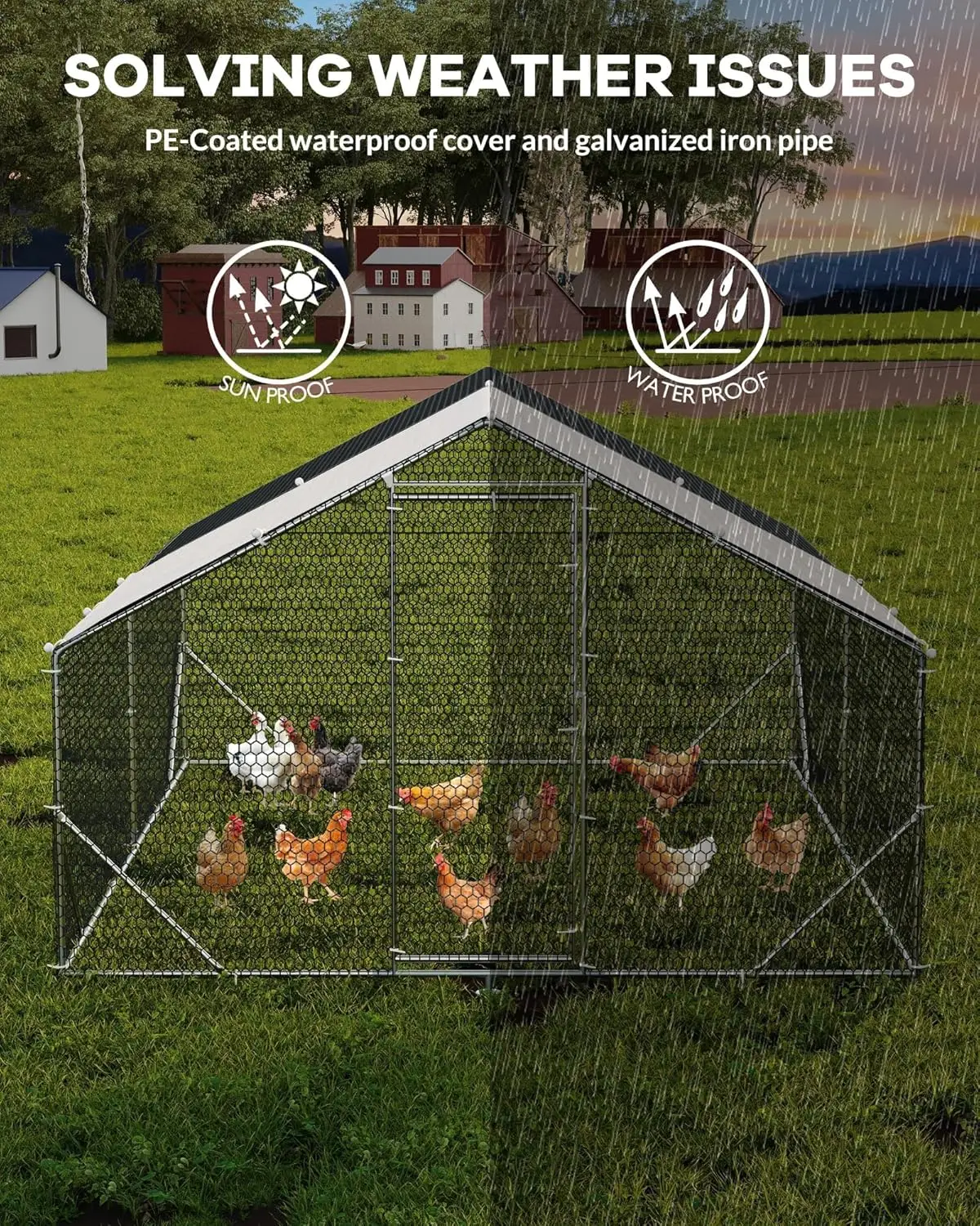 Large Metal Chicken Coop Upgrade Tri-Supporting Wire Mesh, 9.8' W x 13.1' L x 6.5 H Walk-in Poultry Cage, Chicken Run Pen House
Large Metal Chicken Coop Upgrade Tri-Supporting Wire Mesh, 9.8' W x 13.1' L x 6.5 H Walk-in Poultry Cage, Chicken Run Pen House