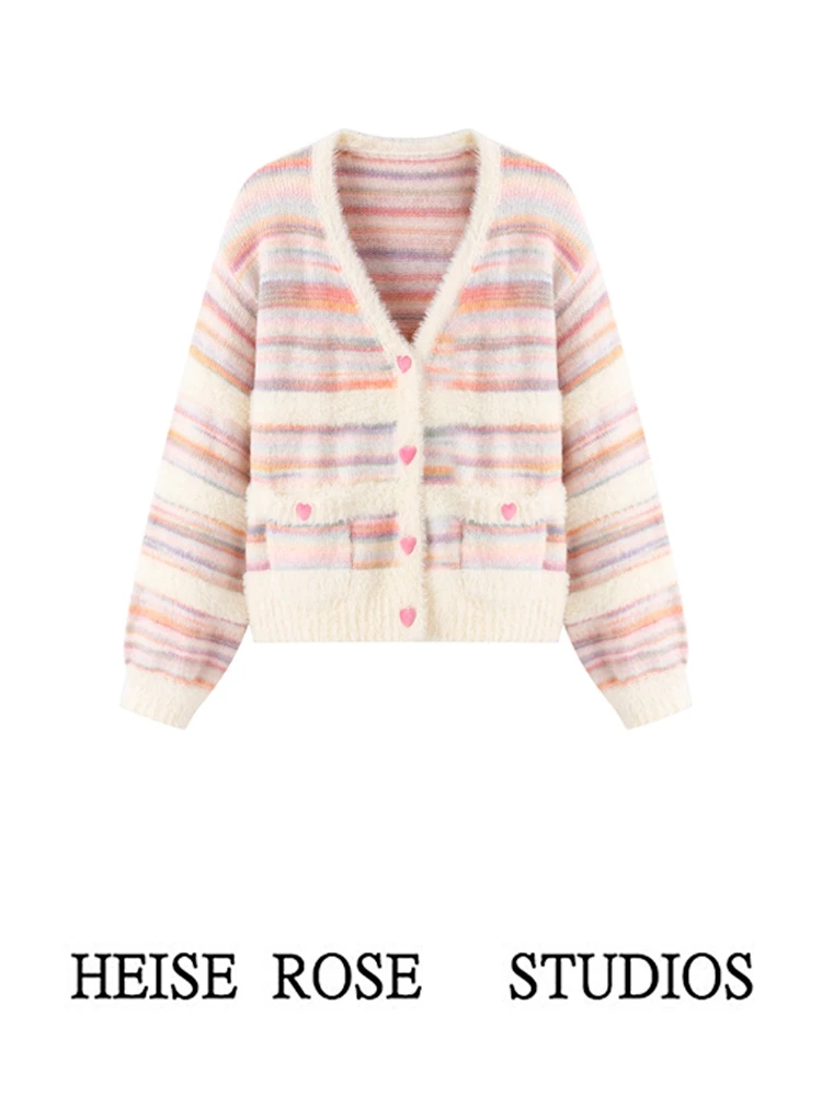 Women's Loose V-Ne Striped Woolen Sweater Cardigan Spring Autumn Rainbow Little Fraance Sle Knitted Outerwear
Women's Loose V-Ne Striped Woolen Sweater Cardigan Spring Autumn Rainbow Little Fraance Sle Knitted Outerwear