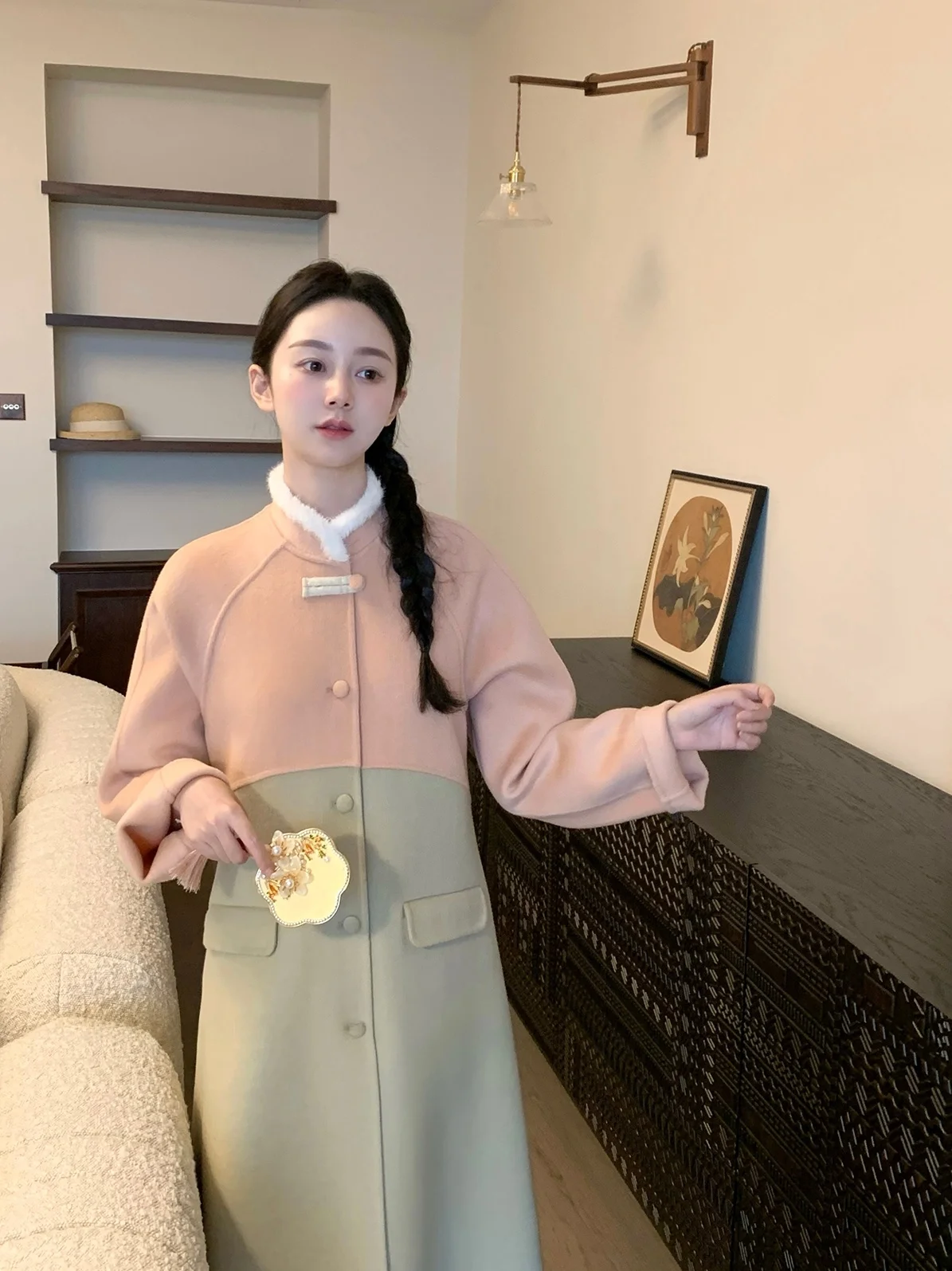 Women's Double-sided Woolen Coat Waist-cinching Autumn Winter Faion Outerwear Long Sve Mid-length Single Button Peaches
Women's Double-sided Woolen Coat Waist-cinching Autumn Winter Faion Outerwear Long Sve Mid-length Single Button Peaches