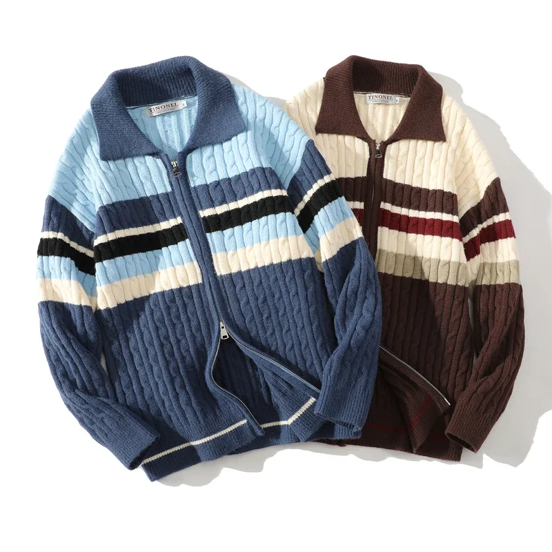 Man Autumn Simple Striped Contrasting Double Zipper Lapel Knitted Cardigan Sweater
Man Autumn Simple Striped Contrasting Double Zipper Lapel Knitted Cardigan Sweater