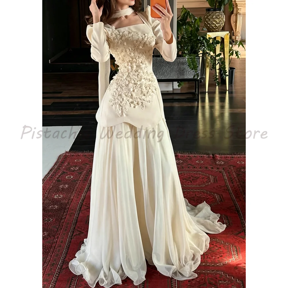 Ivory Muslim Wedding Dress Luxury 3D Floral Applique Long Sleeve Chiffon Formal Bridal Evening Gown with Scarf
Ivory Muslim Wedding Dress Luxury 3D Floral Applique Long Sleeve Chiffon Formal Bridal Evening Gown with Scarf