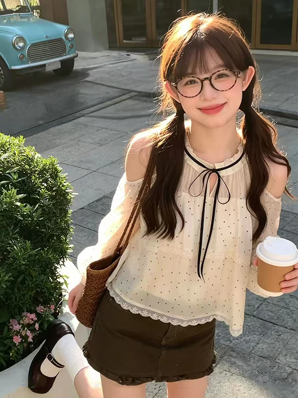 Polka Dot off Shoulder Shirt Spring Summer 2026 New Knot Belted Lace Trim Small Shirt Sweet Anti Aging Top
Polka Dot off Shoulder Shirt Spring Summer 2026 New Knot Belted Lace Trim Small Shirt Sweet Anti Aging Top