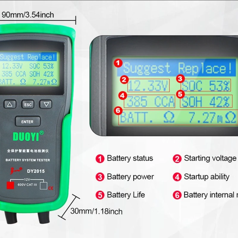 DUOYI DY2015A 12V&24V Car Battery Tester Digital Auto Load AC Battery Tool Automotive Starting Type Lead-acid Batteries Analyzer
DUOYI DY2015A 12V&24V Car Battery Tester Digital Auto Load AC Battery Tool Automotive Starting Type Lead-acid Batteries Analyzer