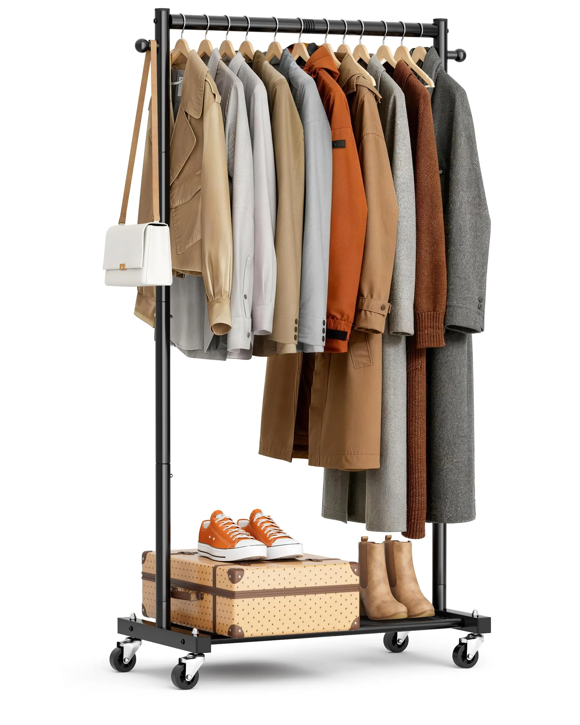 Portable Rolling Garment Rack With Shelf And Wheels, 60 Inch Height, Compact Wardrobe Organizer For Small Living Spaces
Portable Rolling Garment Rack With Shelf And Wheels, 60 Inch Height, Compact Wardrobe Organizer For Small Living Spaces